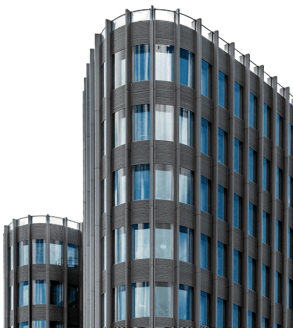 Modern office building with blue-tinted glass and rounded architecture